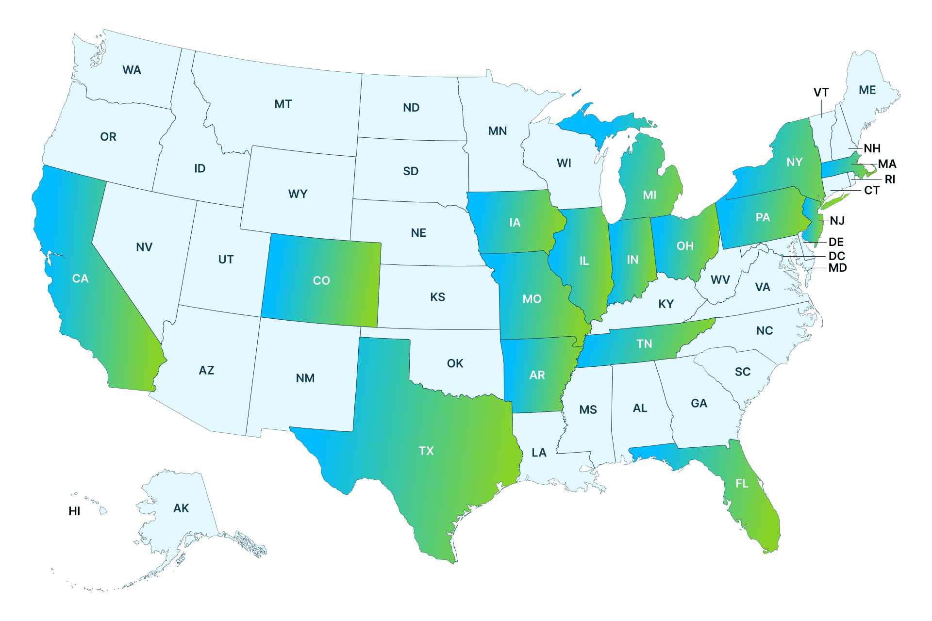 Static U.S. map marking each tour stop